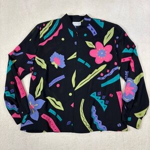 Vintage 90s Y2K Black Sheer Zip Up Blouse Jacket Neon Pink Blue Flowers Floral